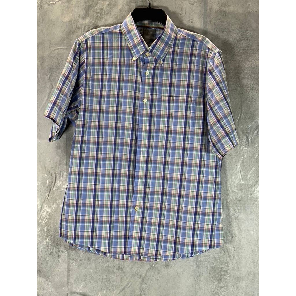 ENRO Men's Blue Multi Plaid Non-Iron Button-Up Short-Sleeve Shirt SZ L