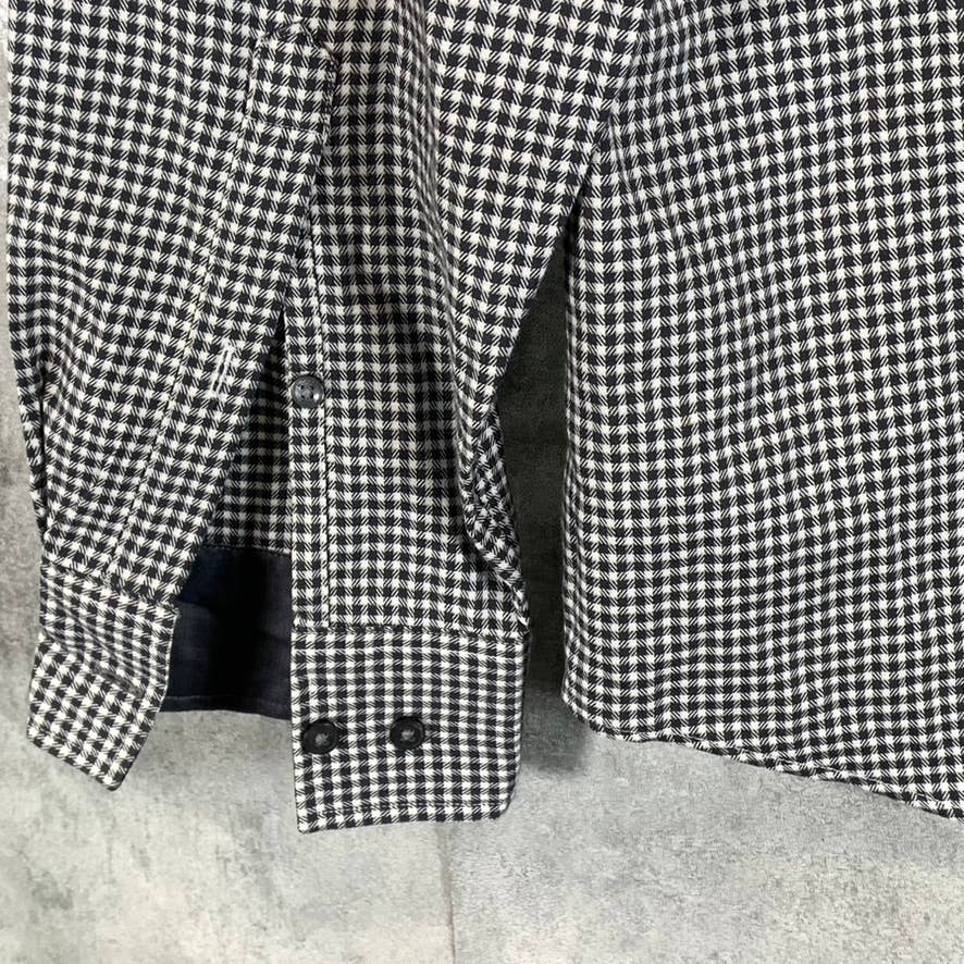 MICHAEL KORS Men's Black/White Mini Check Trim Stretch Button-Up Shirt SZ L