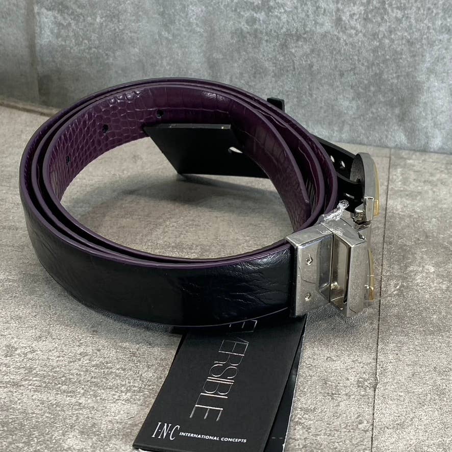 INC INTERNATIONAL CONCEPTS Women's Black/Purple Embossed-Solid Reversible Belt