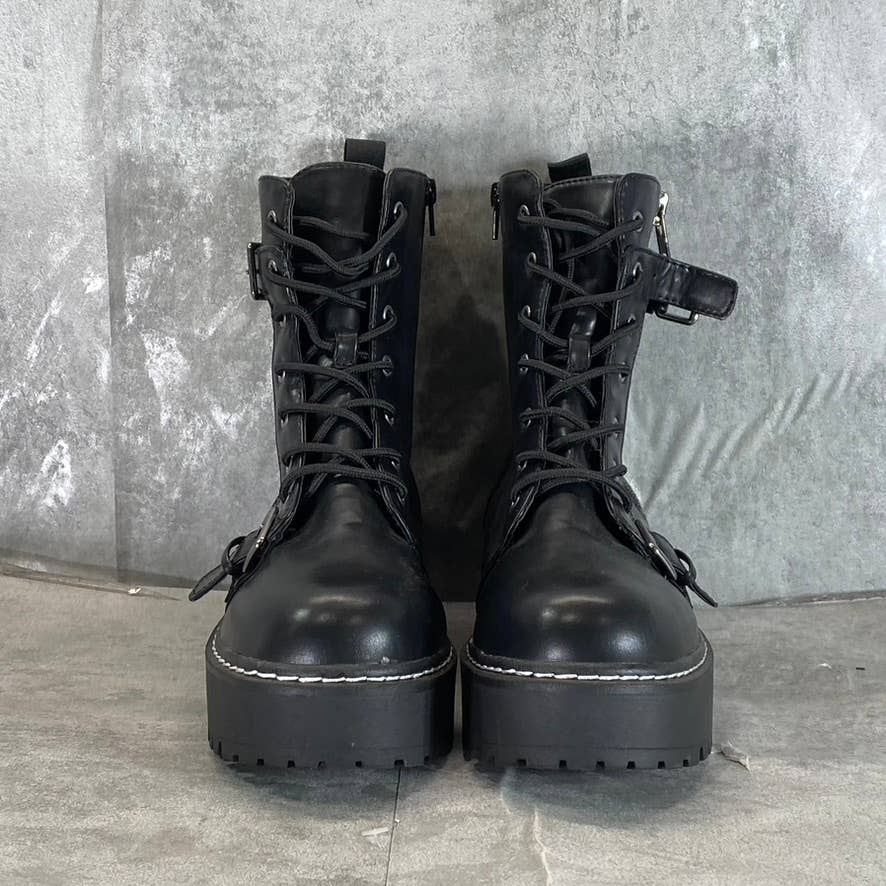 WILD PAIR Women's Black Faux-Leather Arriele Lug-Sole Platform Boots SZ 9.5