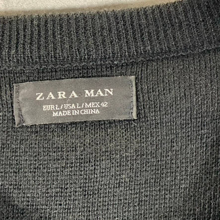 ZARA MAN Men's Black Patch Crewneck Pullover Sweater SZ L