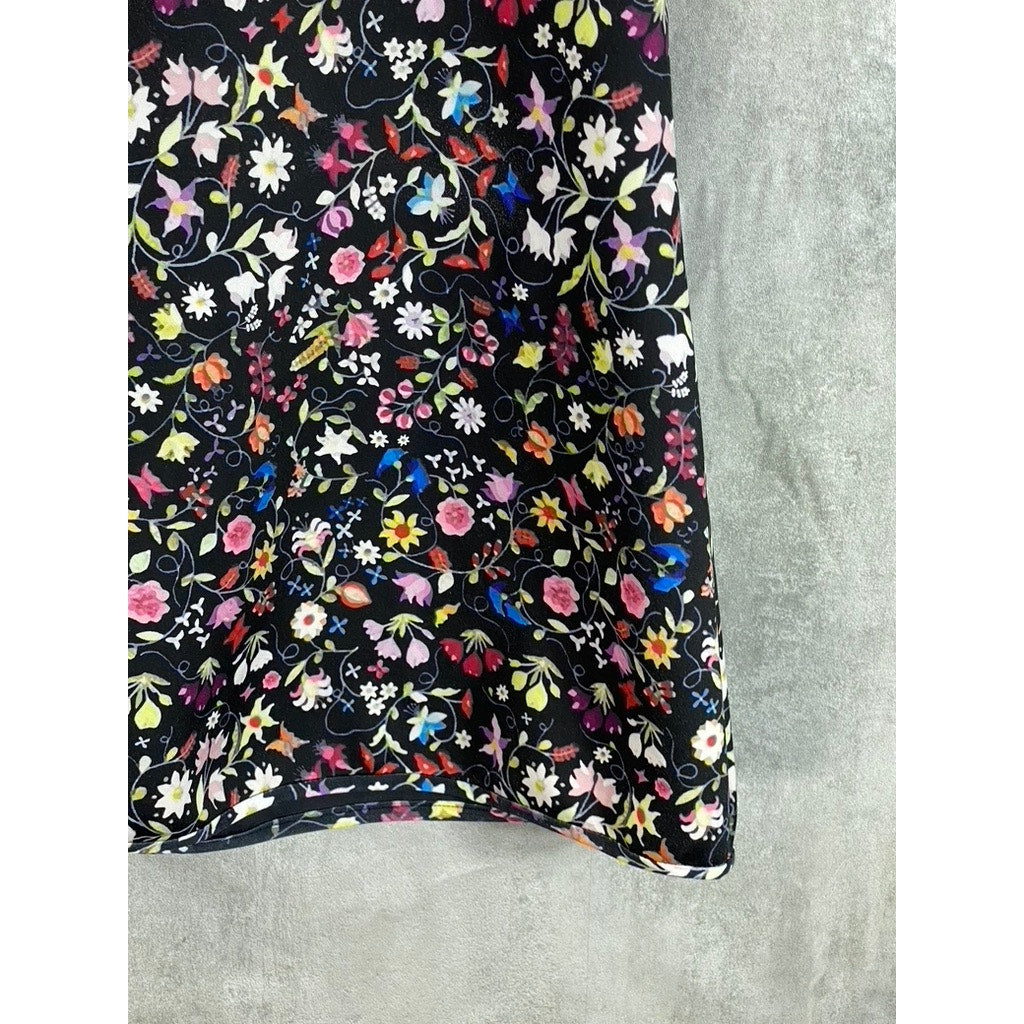 CYNTHIA ROWLEY Women's Black Floral Print Crewneck Short Sleeve Mini Dress SZ 6