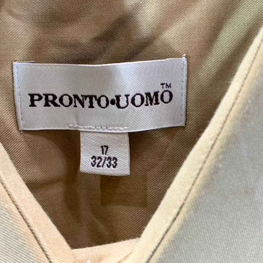 PRONTO UOMO Men's Tan Non-Iron 80's 2-Ply Button-Up Dress Shirt SZ 17 32/33