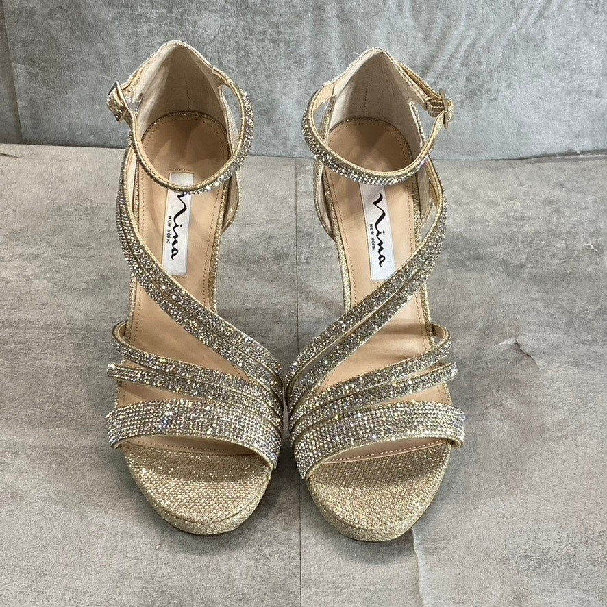 NINA Women's Soft Platino Dreamland Freyja Rhinestone Embellished Open-Toe Stiletto Sandals SZ 7.5