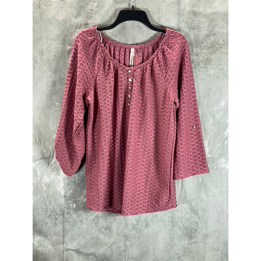 NY COLLECTION Women's Mauve Honeycomb Half-Zip 3/4 Sleeve Henley Top SZ L
