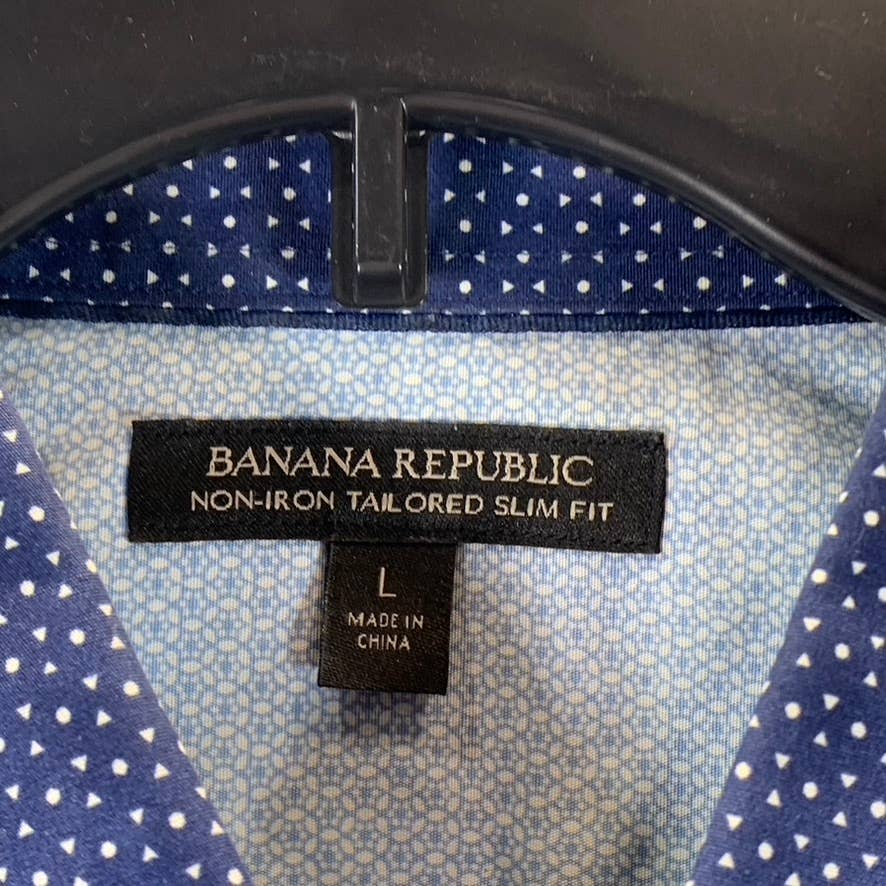 BANANA REPUBLIC Men's Navy Dot Print Non-Iron Tailored Slim-Fit Shirt SZ L