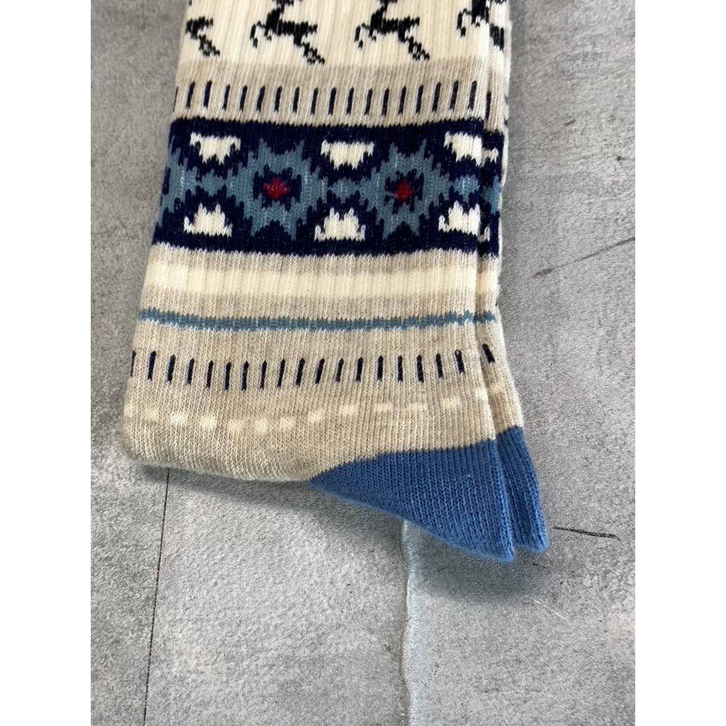 Sun + Stone Men's Blue/Tan Deer Fair Isle Fleece-Lined Crew Single Sock SZ 10-13
