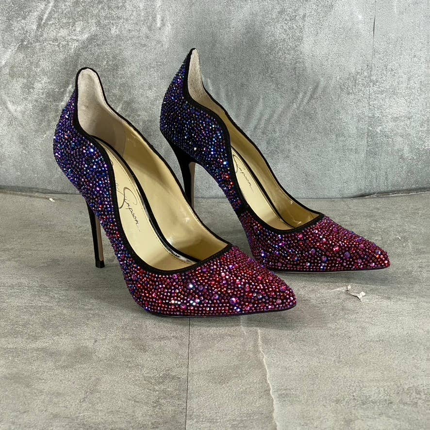 JESSICA SIMPSON Women's Black Amethyst Wayva Rhinestone Pointed-Toe Pumps SZ 7