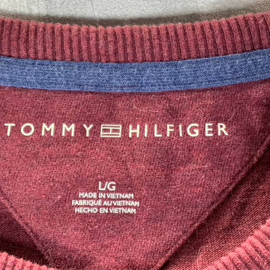 TOMMY HILFIGER Men's Navy/Burgundy Striped Regular-Fit Crewneck Sweater SZ L