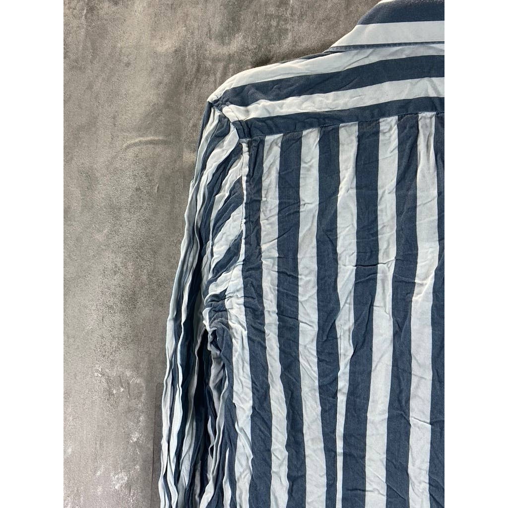REISS Men's White/Navy Wide Stripe Slim-Fit Button-Up Long-Sleeve Shirt SZ L