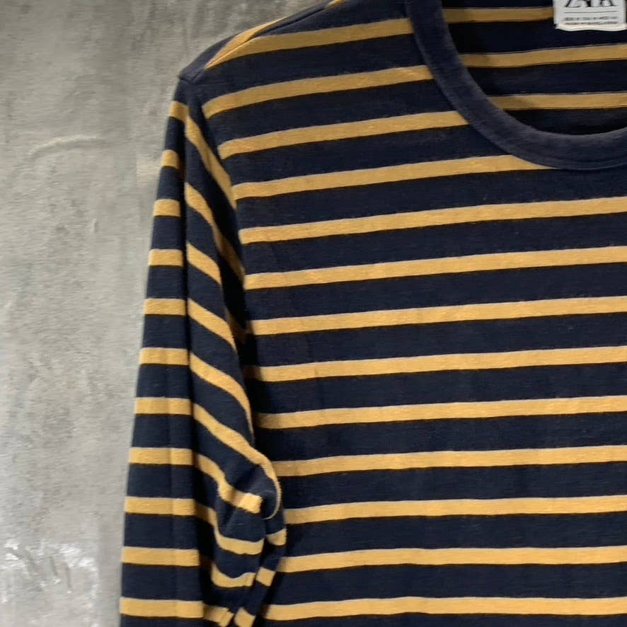 ZARA Men's Yellow/Navy Crewneck Long-Sleeve Pullover Shirt SZ M