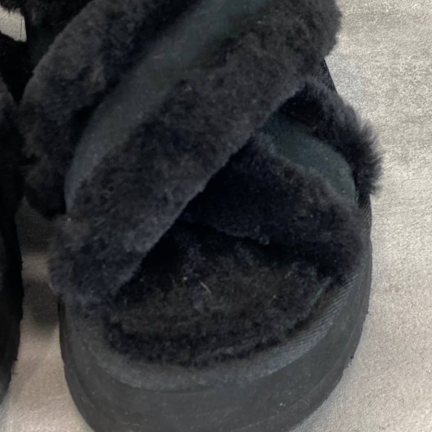 UGG Women's Black Fur Disco Cross Slide Elastic Ankle-Strap Slippers SZ 8