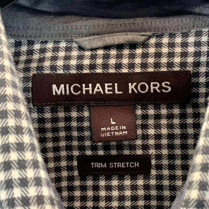 MICHAEL KORS Men's Black/White Mini Check Trim Stretch Button-Up Shirt SZ L