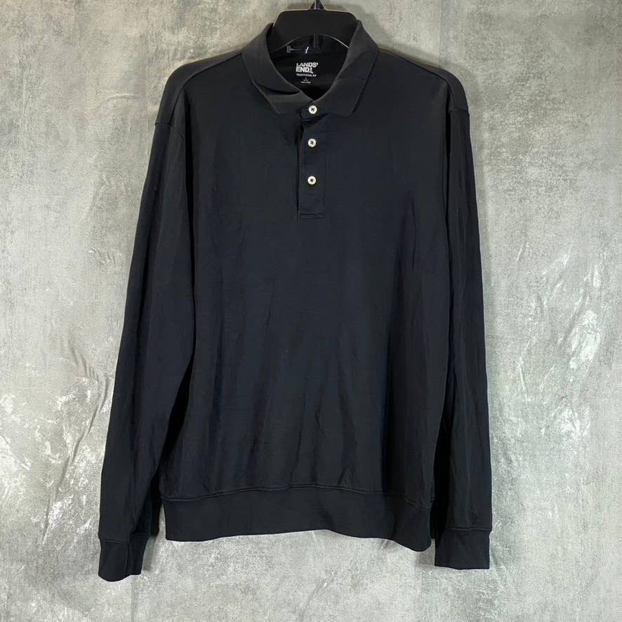 LANDS' END Men's Black Traditional-Fit Long-Sleeve Polo Shirt SZ L