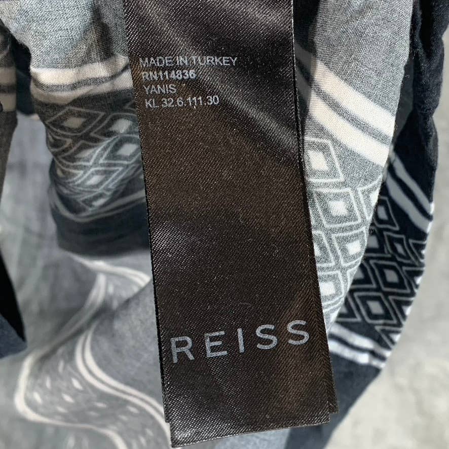REISS Men's Black/White Diamond Striped Button-Up Short-Sleeve Camp Shirt SZ XL