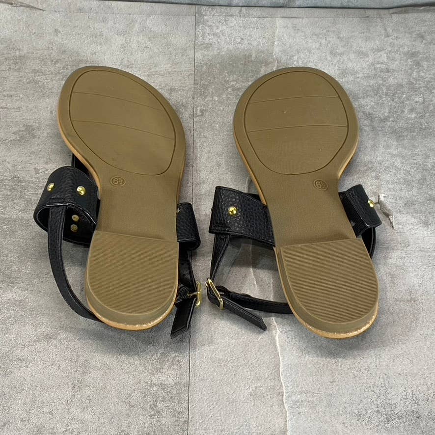 JUICY COUTURE Women's Black Faux-Leather Zing Ankle-Strap Thong Sandals SZ 6.5