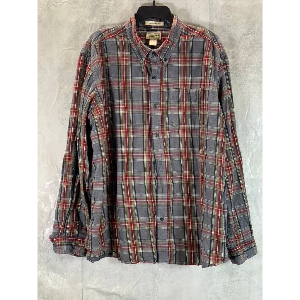 L.L. BEAN Men's Grey Stewart Scotch Plaid Traditional-Fit Flannel Shirt SZ XL