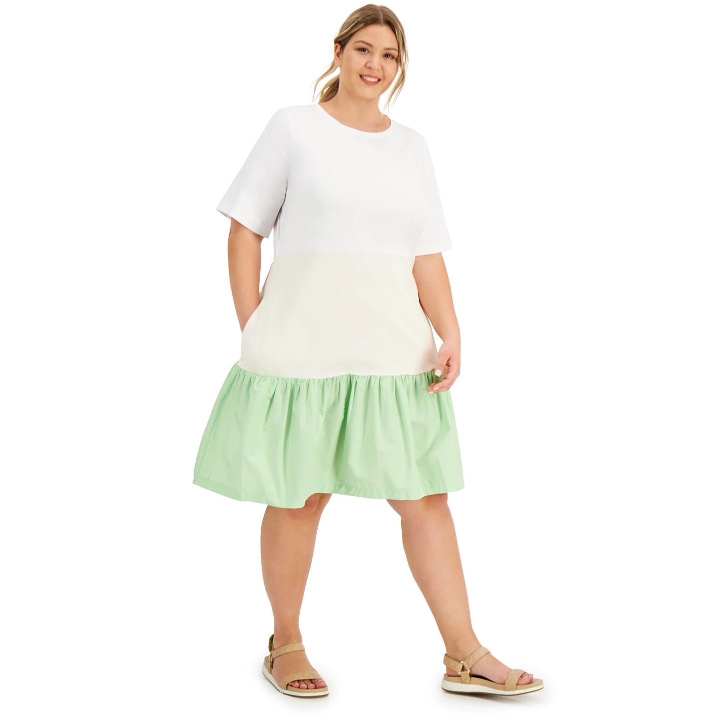 ALFANI Plus Size White Mixed-Media Crewneck Short Sleeve Pullover Dress SZ 1X