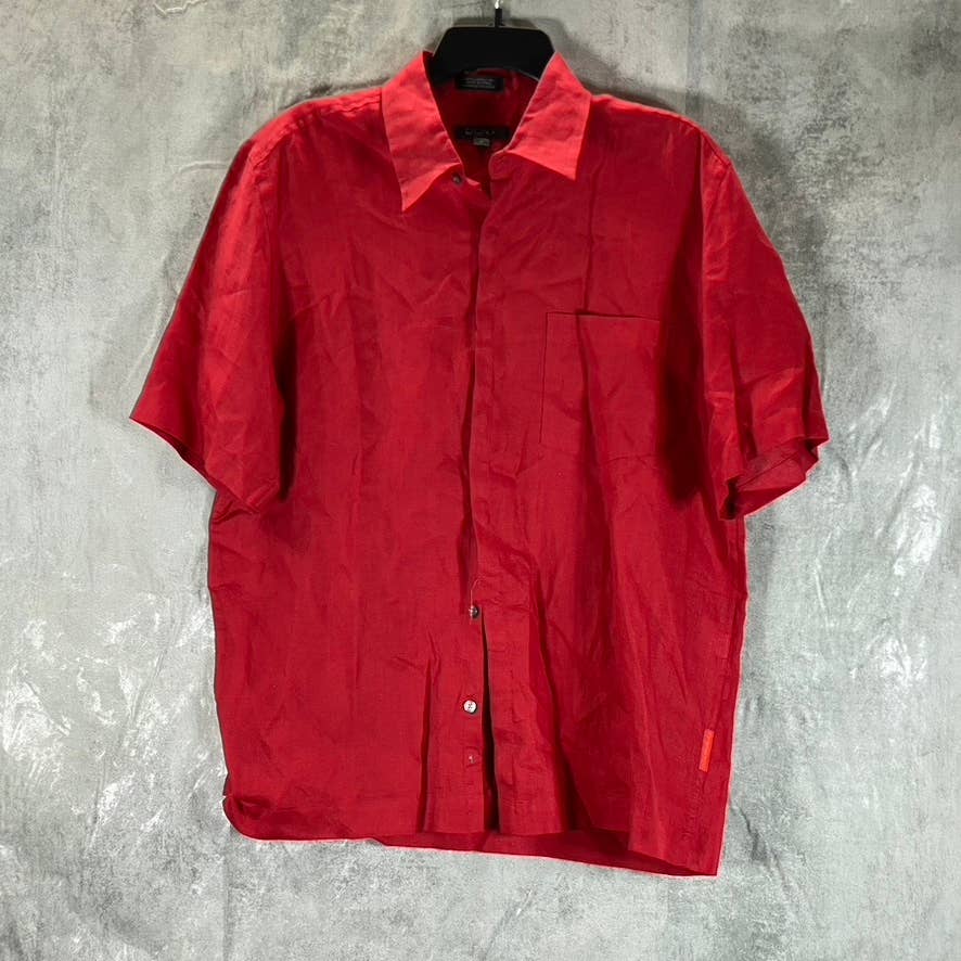 DKNY Men's Red Linen Woven Button-Up Short-Sleeve Shirt SZ M