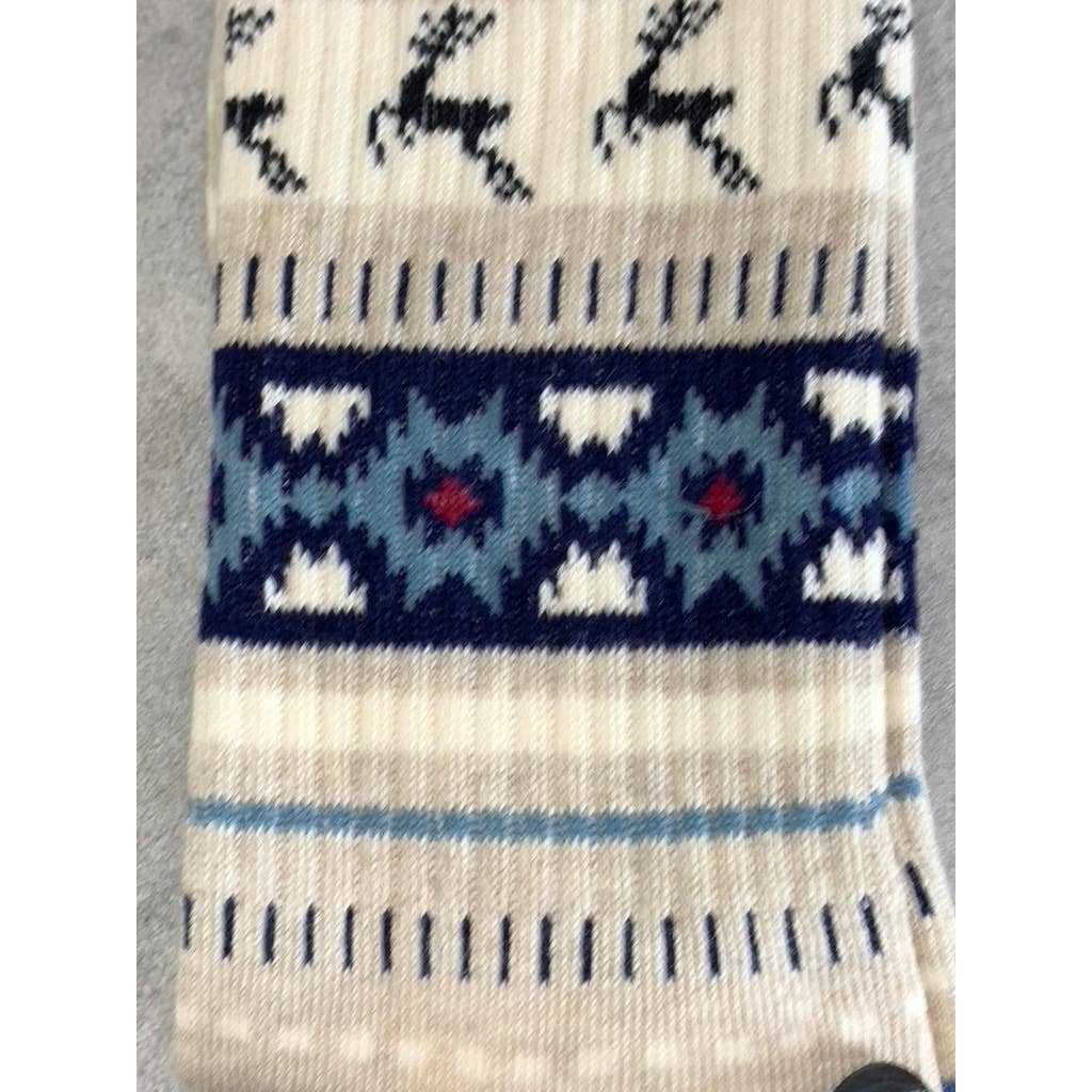 Sun + Stone Men's Blue/Tan Deer Fair Isle Fleece-Lined Crew Single Sock SZ 10-13