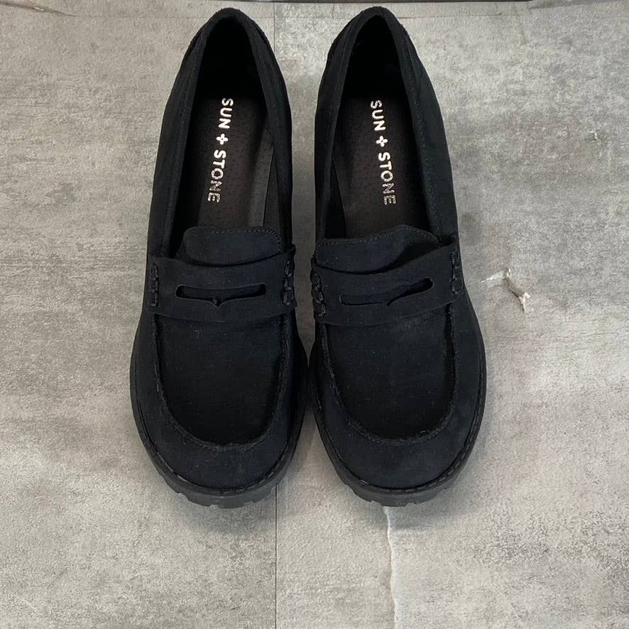 SUN + STONE Women's Black Maycee Round-Toe Lug-Sole Slip-On Loafers SZ 7