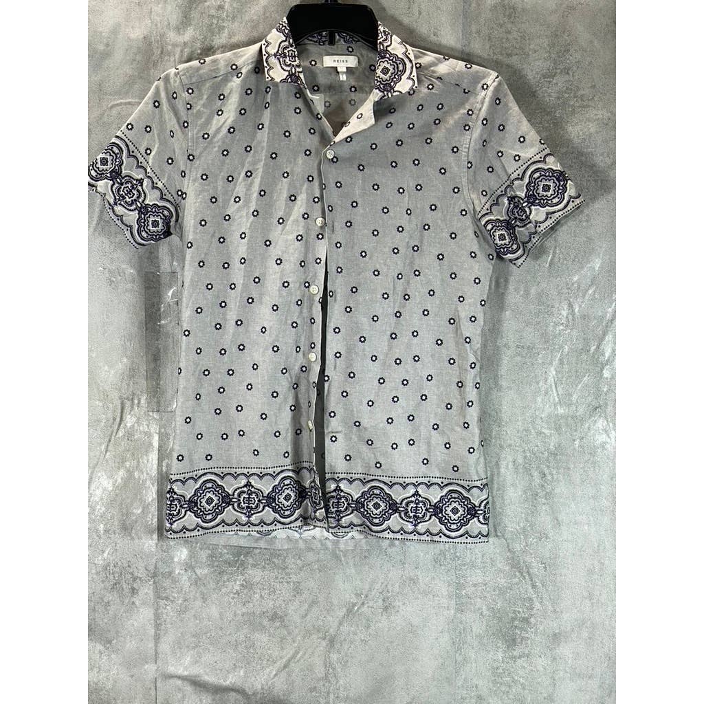 REISS Men's Grey Printed Murph Bordered Cuban Collar Button-Up Shirt SZ M