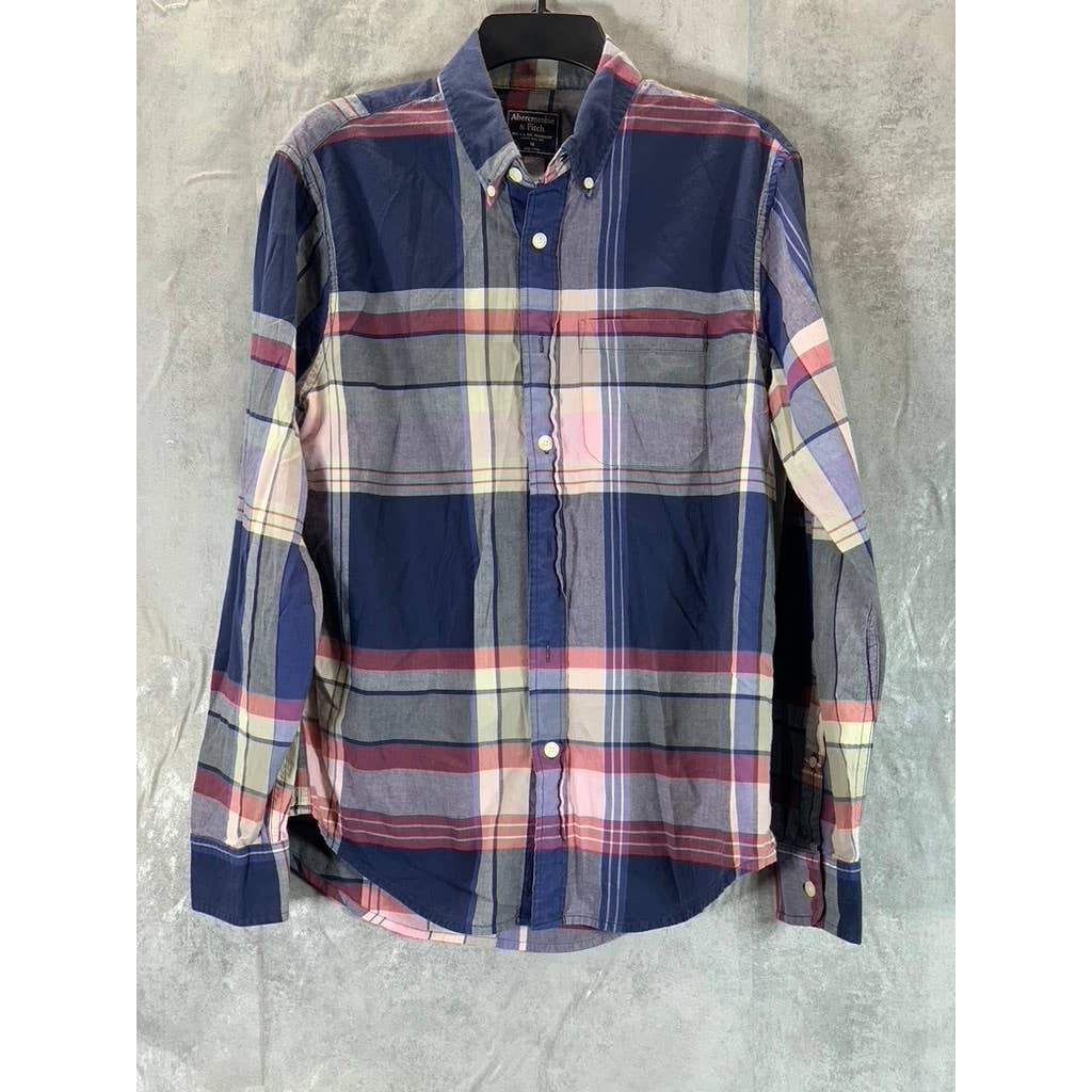 ABERCROMBIE & FITCH Men's Navy/Pink Madras Large Check Button-Up Shirt SZ M