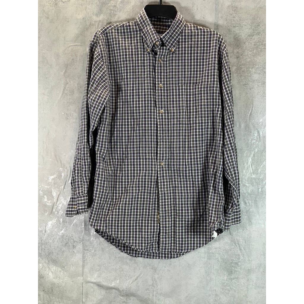 LANDS' END Men's Navy Mini Check Regular-Fit Button-Up Dress Shirt SZ 15.5-32