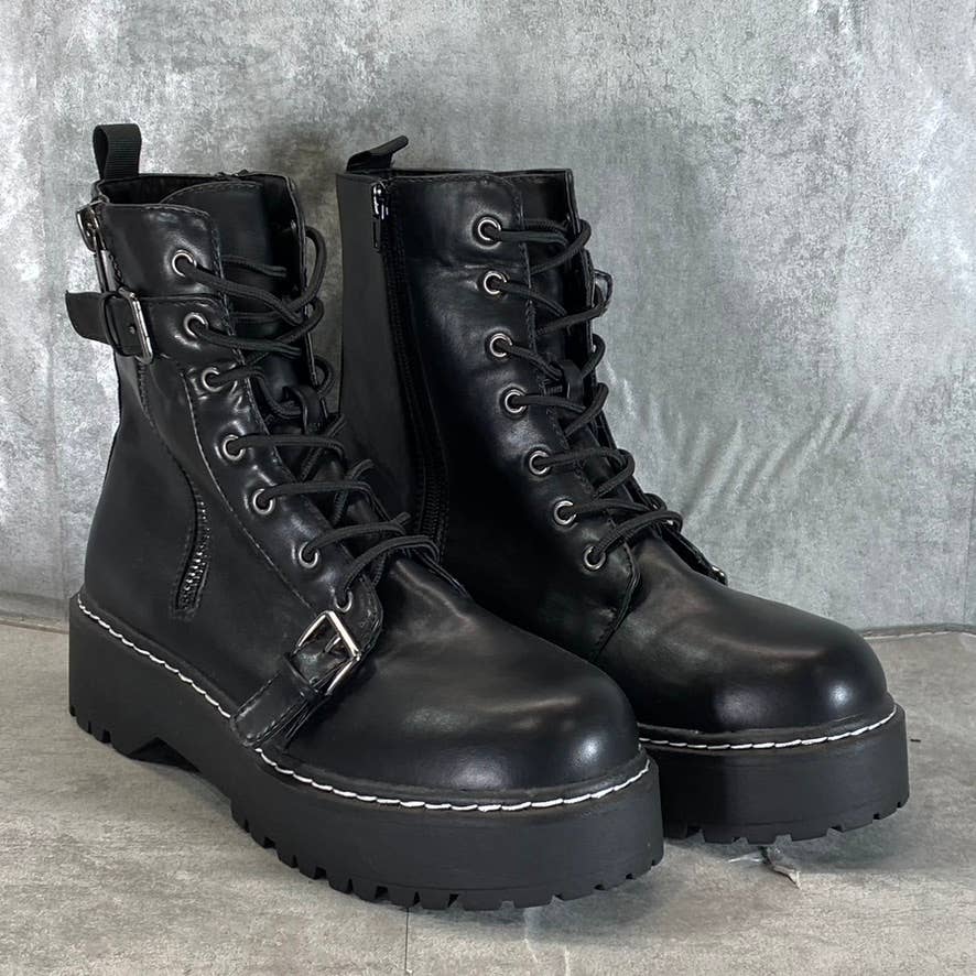 WILD PAIR Women's Black Faux-Leather Arriele Lug-Sole Platform Boots SZ 9.5