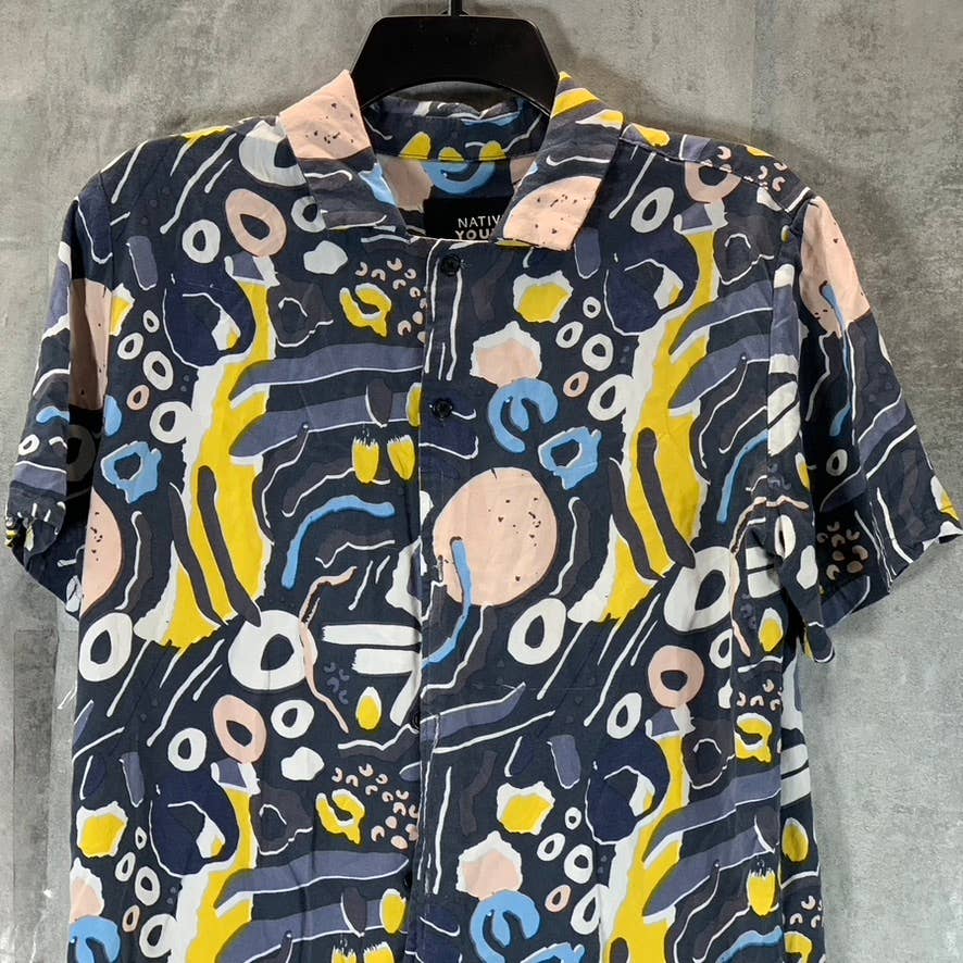 NATIVE YOUTH Men's Navy The Nostalgia Print Short-Sleeve Button-Up Shirt SZ M