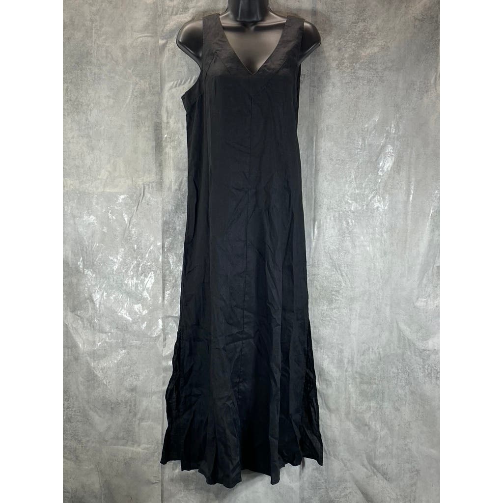 DKNY Women's Solid Black Linen V-Neck Side-Slit Lightweight Maxi Dress SZ S
