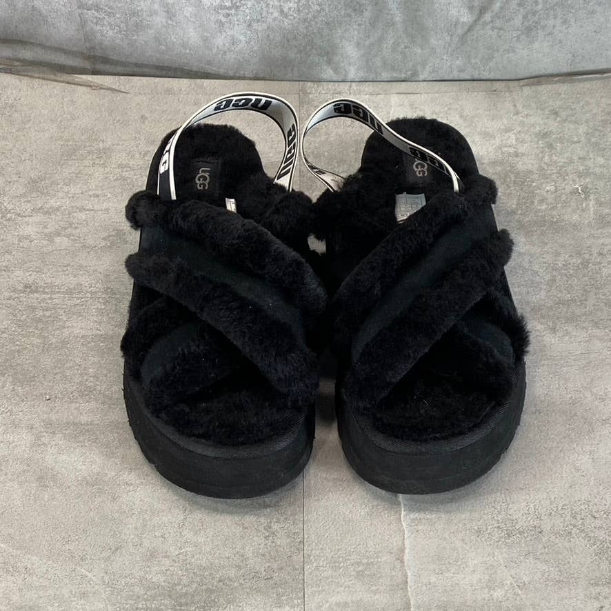 UGG Women's Black Fur Disco Cross Slide Elastic Ankle-Strap Slippers SZ 8