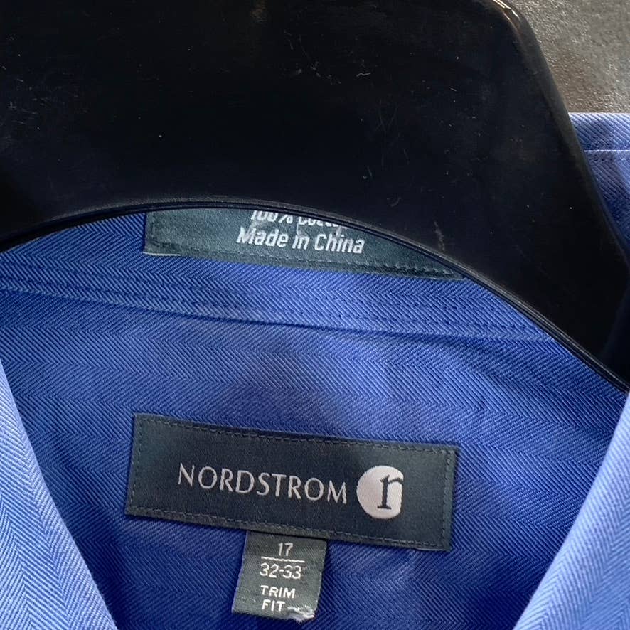 NORDSTROM Men's Blue Trim-Fit Button-Front Long-Sleeve Dress Shirt SZ 17 32/33