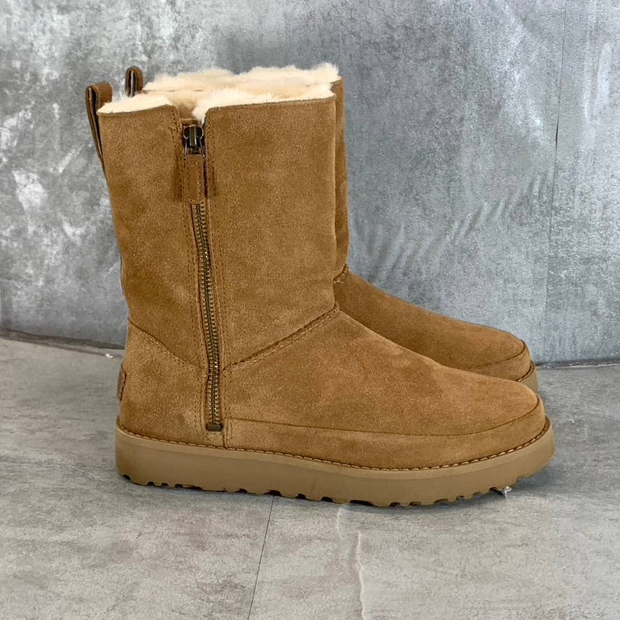 UGG Women's Chestnut Suede Classic Zip Short Round-Toe Pull-On Boots SZ 7