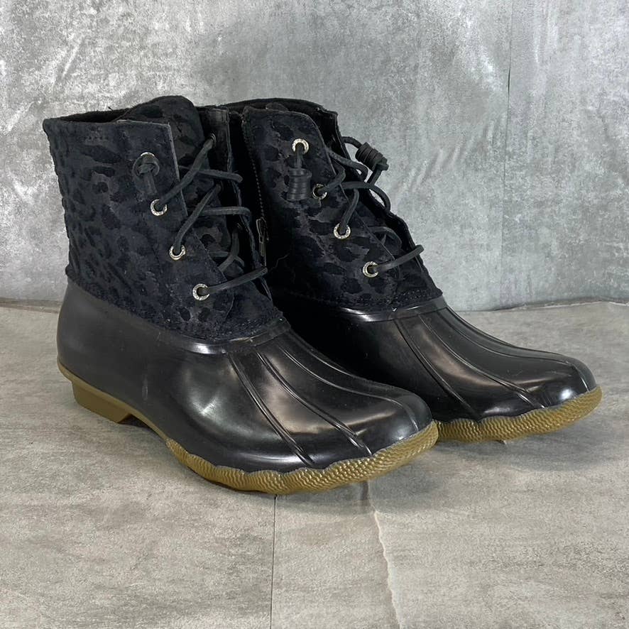 SPERRY Women's Black Saltwater Cheetah Lace-Up Waterproof Duck Boots SZ 9.5