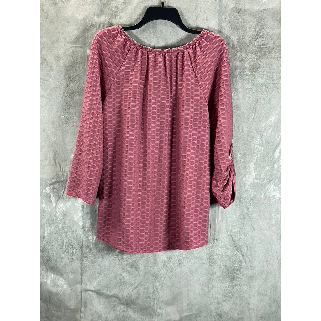 NY COLLECTION Women's Mauve Honeycomb Half-Zip 3/4 Sleeve Henley Top SZ L