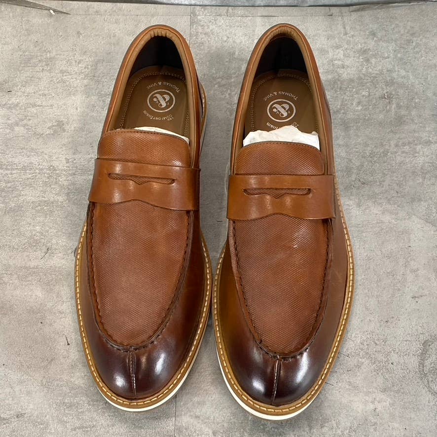 THOMAS & VINE Men's Cognac Leather Watkins Slip-On Penny Loafers SZ12