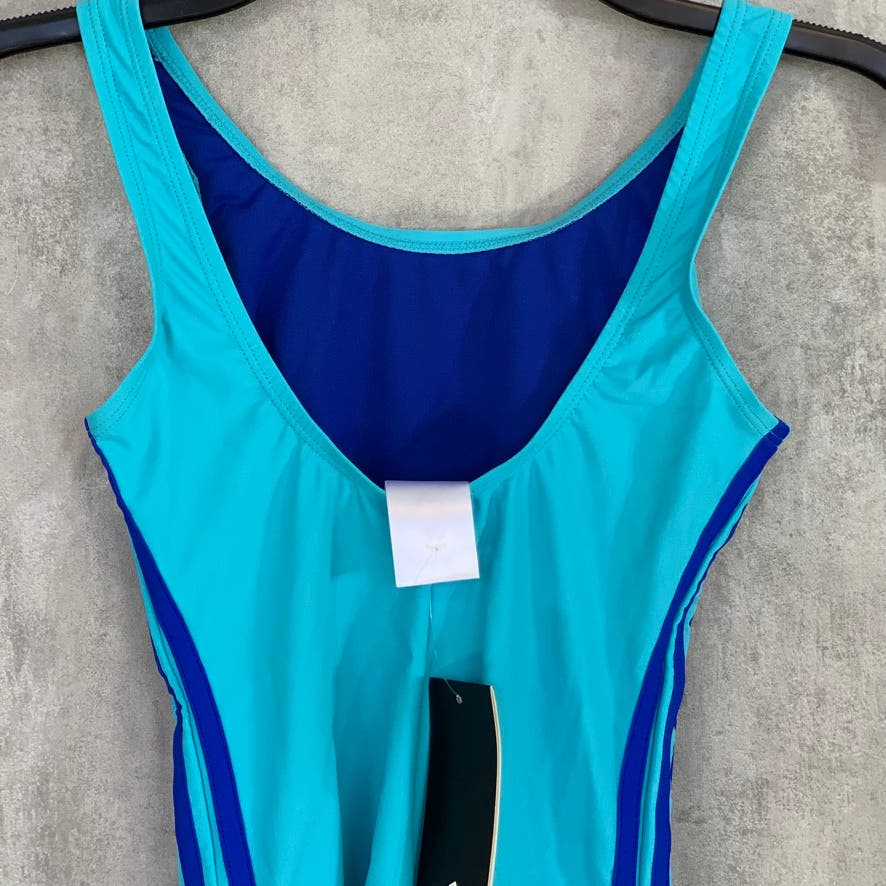 ADIDAS Girl's Light Blue Logo Front 3 Stripe One-Piece Pull-On Bathing Suit SZ L