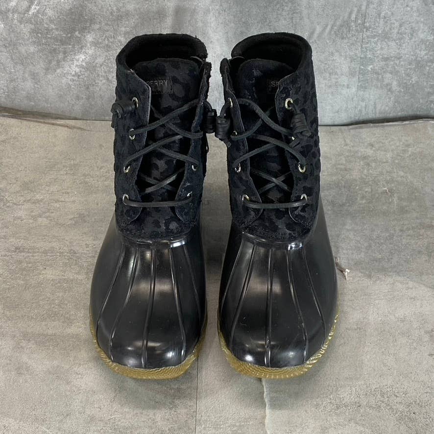 SPERRY Women's Black Saltwater Cheetah Lace-Up Waterproof Duck Boots SZ 9.5