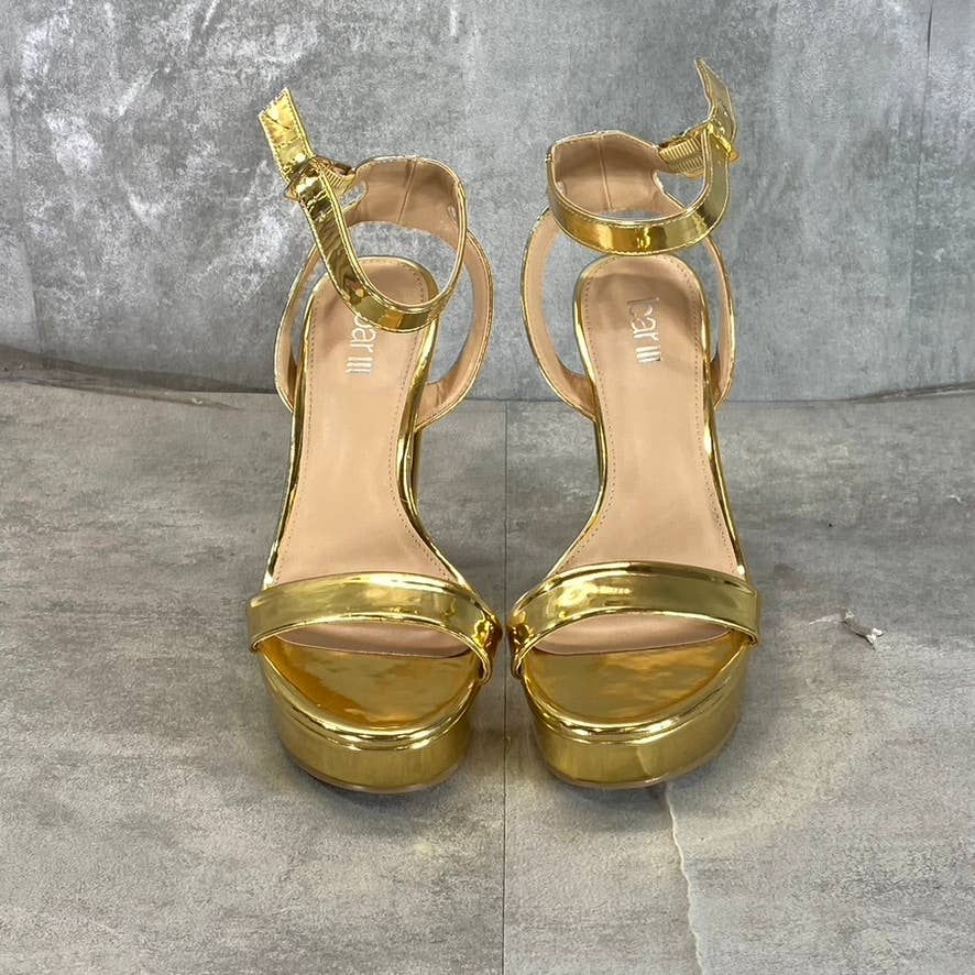 BAR III Women's Gold Patent Ivy Ankle-Strap Platform Stiletto Sandals SZ 5.5