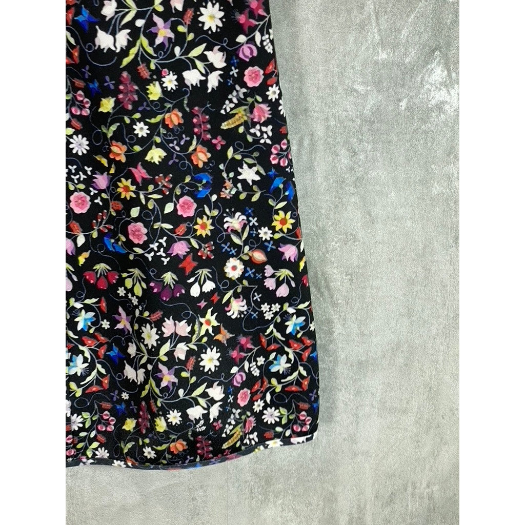 CYNTHIA ROWLEY Women's Black Floral Print Crewneck Short Sleeve Mini Dress SZ 6
