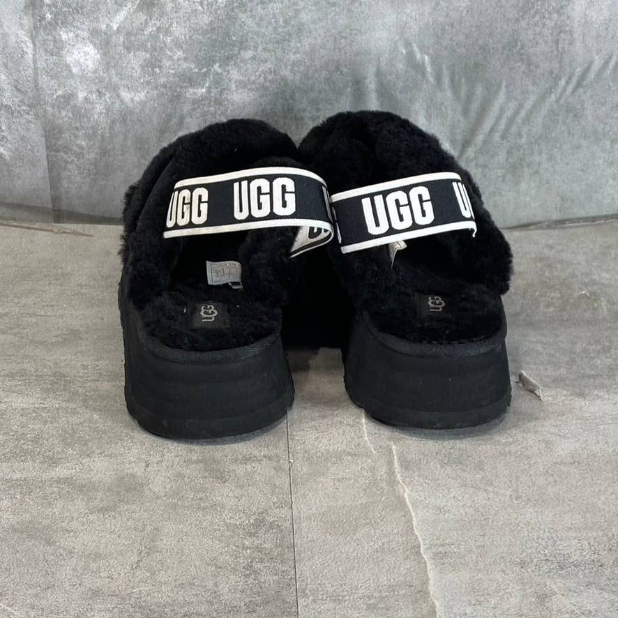 UGG Women's Black Fur Disco Cross Slide Elastic Ankle-Strap Slippers SZ 8