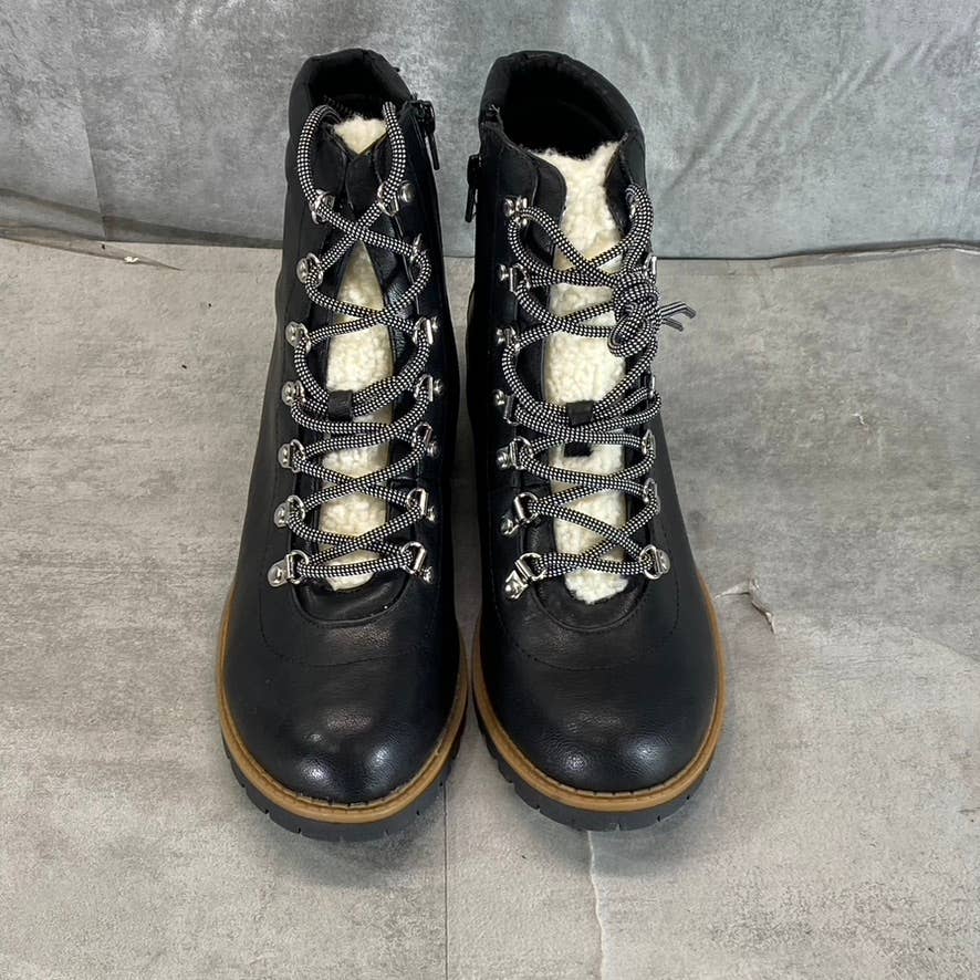 STYLE & CO Women's Black Faux-Leather Maariah Faux-Shearling Lace-Up Boots SZ 10