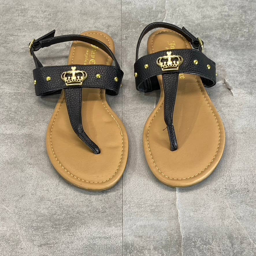 JUICY COUTURE Women's Black Faux-Leather Zing Ankle-Strap Thong Sandals SZ 6.5
