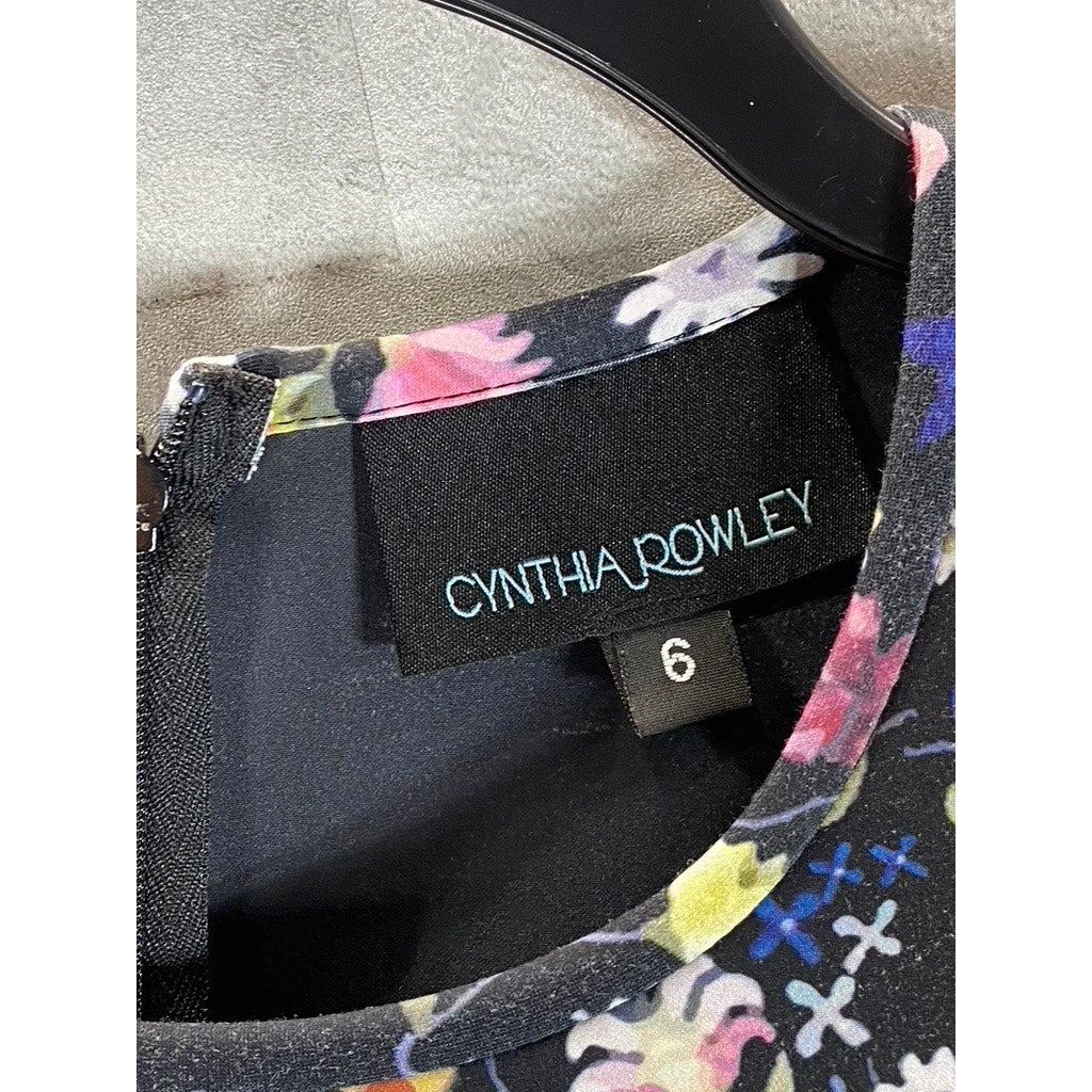 CYNTHIA ROWLEY Women's Black Floral Print Crewneck Short Sleeve Mini Dress SZ 6