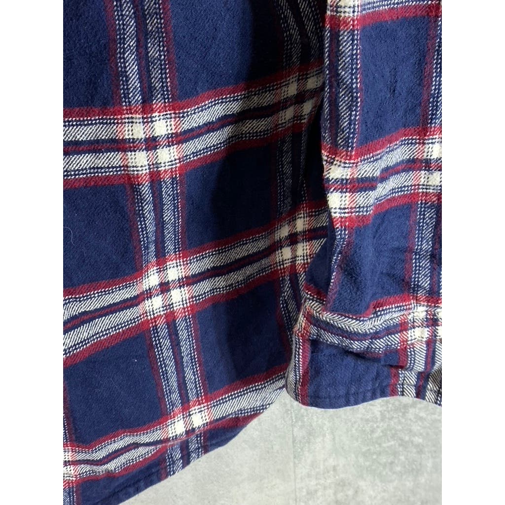 JACHS Men's Tall Navy/Burgundy Plaid Brawny Flannel Button-Up Shirt SZ L/T