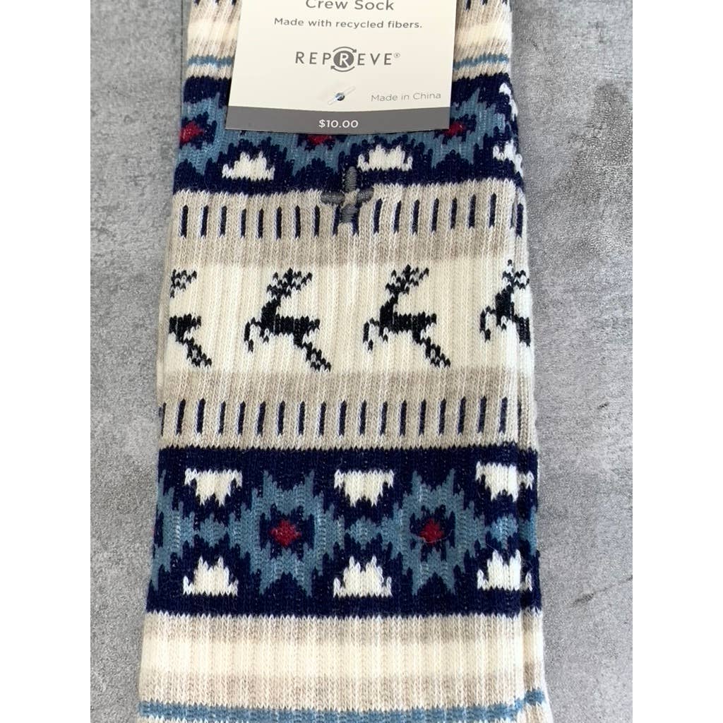 Sun + Stone Men's Blue/Tan Deer Fair Isle Fleece-Lined Crew Single Sock SZ 10-13