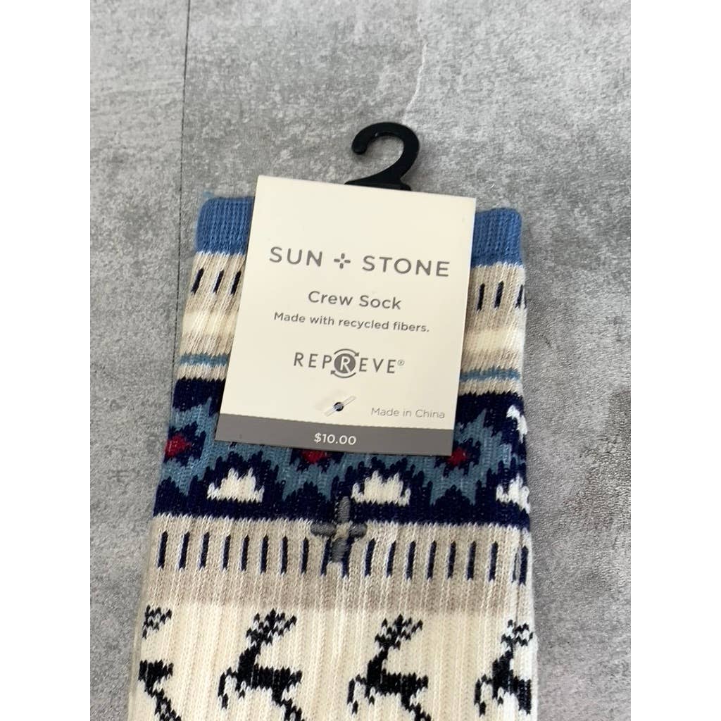 Sun + Stone Men's Blue/Tan Deer Fair Isle Fleece-Lined Crew Single Sock SZ 10-13