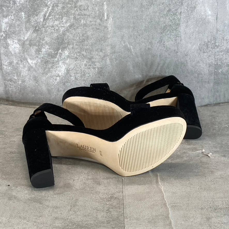 LAUREN RALPH LAUREN Women's Black Faux Suede Sylvia Ankle-Strap Sandals SZ 8.5