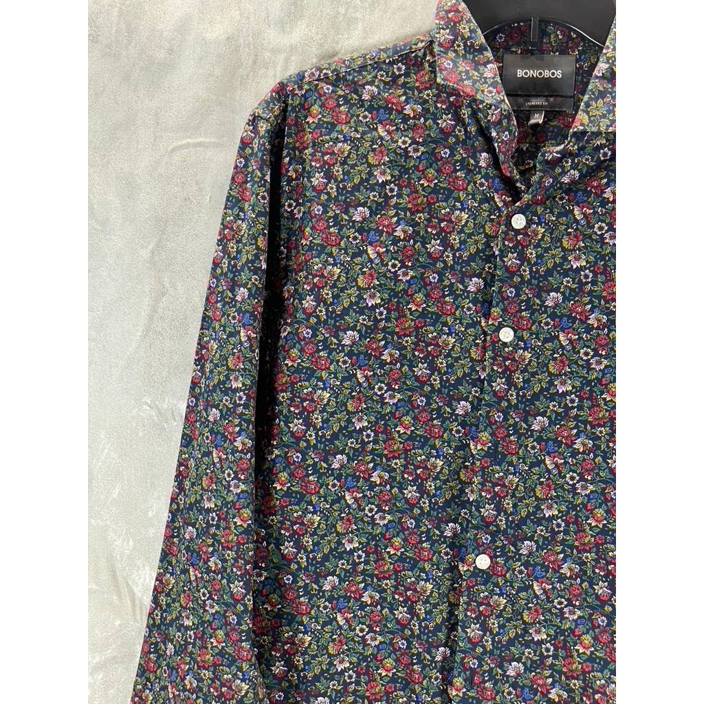 BONOBOS Men's Navy Floral Print Standard-Fit Button-Up Long-Sleeve Shirt SZ M